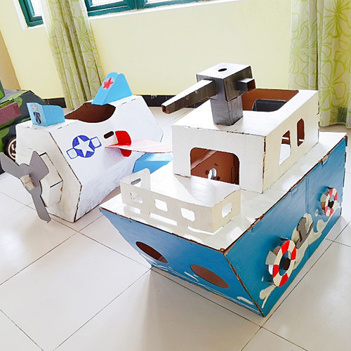 Children Handmade Assembly Steamship Model Paper House Nursery School Painted Cardboard Box Toy Prop Sea Pirate Ship