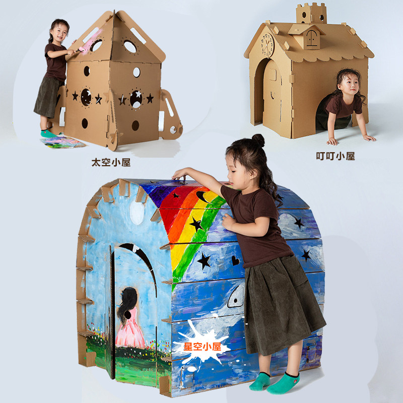 Children's corrugated house carton graffiti handmade hut creative DIY making parent-child Playhouse Toy Game House