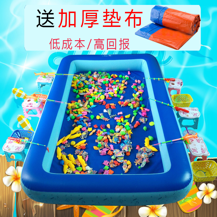 Children's fishing toy pool set magnetic square stall inflatable large baby fish fishing water thick stall