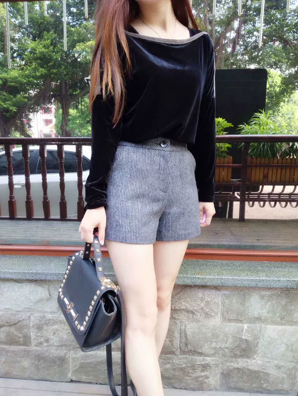 Quần short len ​​nữ 2017 mùa thu đông Các phiên bản Hàn Quốc của quần lửng ống rộng cạp cao cạp cao