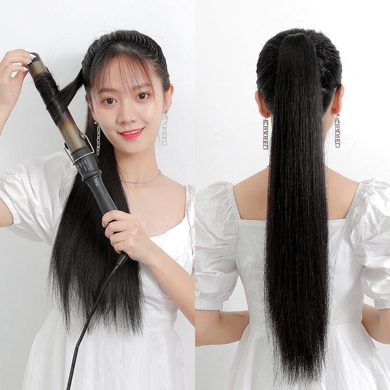 Full True Hair Tail Natural Wig Woman long straight hair strap style 60 All true man Silk with high ponytail short hair tail-Taobao