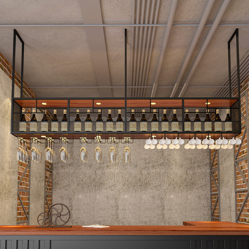 Industrial Style Wine Rack Hanging Cabinet Bar Rack Hanging Wine Glass Rack Wrought Iron Bar Display Rack Upside-Down Storage Rack