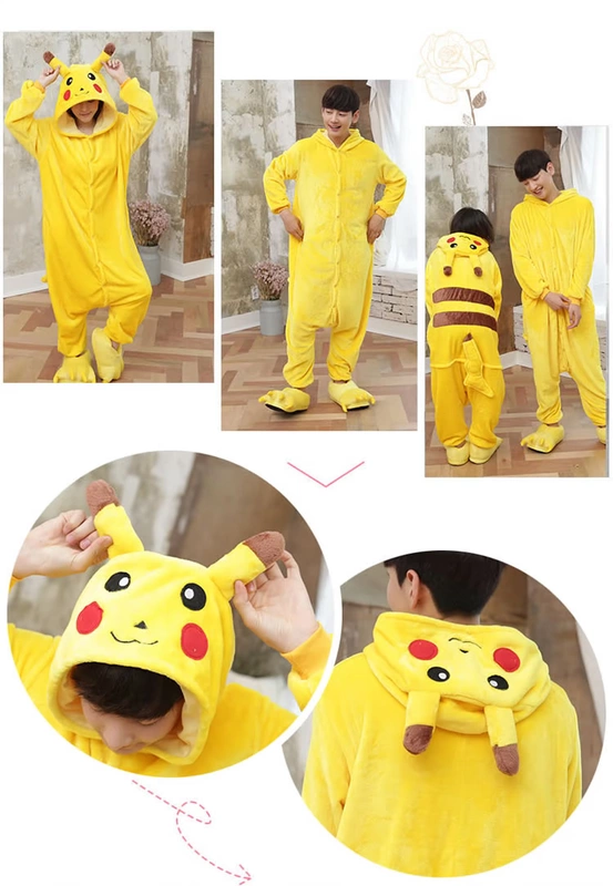 Pikachu Bikachu flannel dày nam và nữ cặp vợ chồng dễ thương phim hoạt hình động vật lông cừu san hô một mảnh đồ ngủ