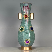 Antique porcelain of the Tang Song Yuan Ming and Qing Dynasties Song Jun porcelain green glaze kiln gold-inlaid gemstones reflowed flower-mouthed vase ornaments