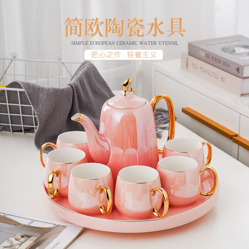 Jingdezhen light and luxurious European-style tea set Set of tea set group with rotating tea tray teapot tea cup Joe relocating wedding gifts