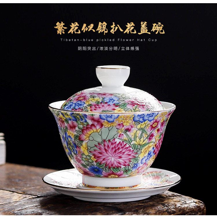 Jingdezhen enamel-painted ceramic tea set, single size three-sided covered bowl tea cup lid, heat-resistant pic 22