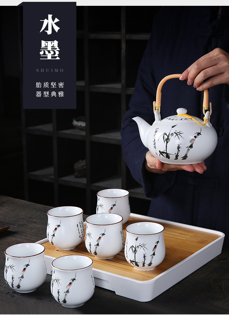 Jingdezhen ceramic Kung Fu tea set, home handle teapot and tea cup complete set, simple gift box with a tray included pic 3