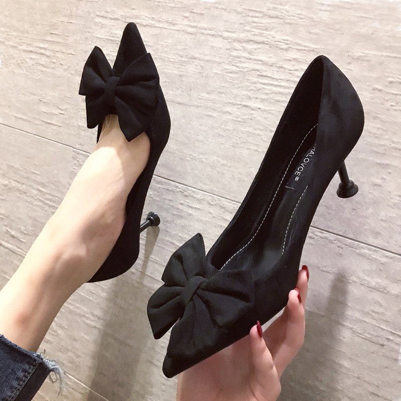 French-Style Bow High Heels for Women, Stiletto Heels, Elegant 2026 Summer New Style, Shallow Suede Single Shoes, Black Work Shoes
