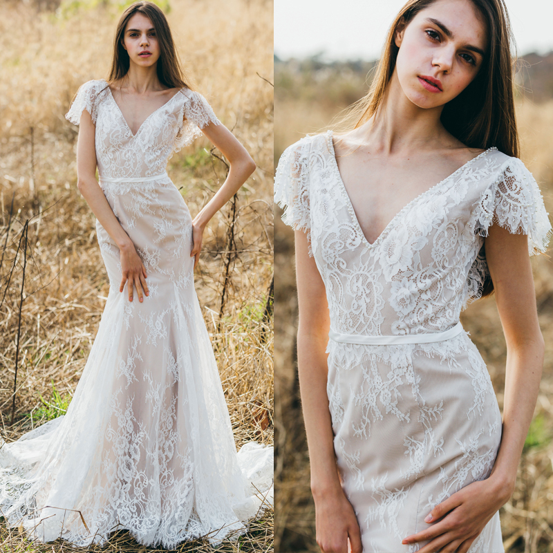 Urosa Original Real Shot Lotus Leaf Sleeve Slim Backless Elegant Mermaid Bride Outdoor Lawn Wedding Dress Travel Shot Light Yarn