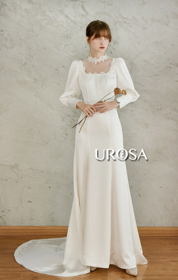 设计师原创新款复古灯笼袖绸缎新娘婚纱优雅气质鱼尾显瘦森系轻纱