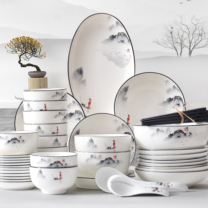 Red peony tableware suit ceramic dishes suit of new Chinese style household dishwasher 0 mix the soup bowl rainbow such use