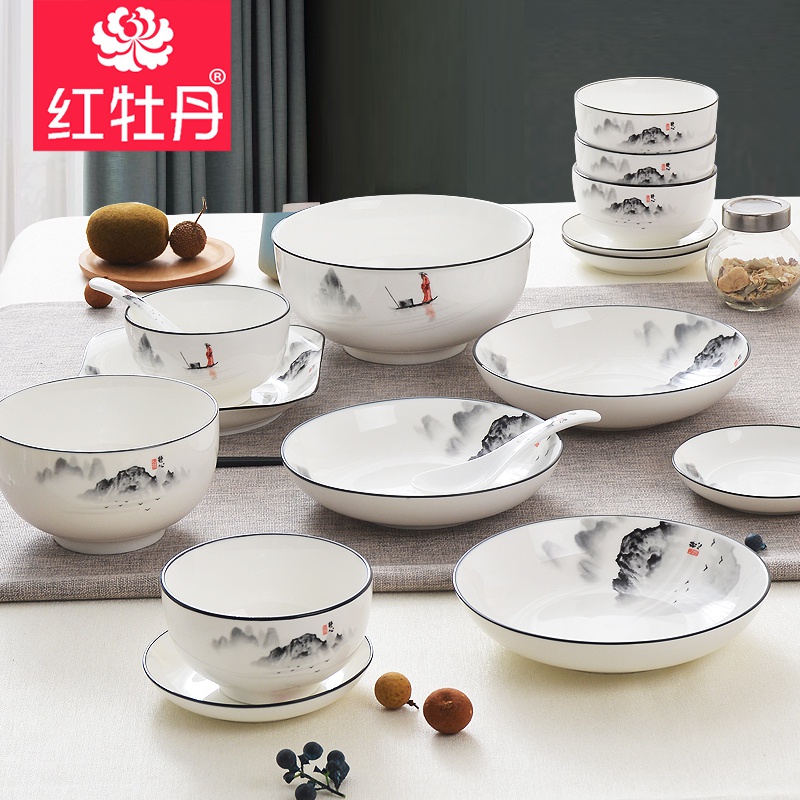 Red peony special glair dishwasher tableware suit ceramic dishes suit home dishes chopsticks rice bowls