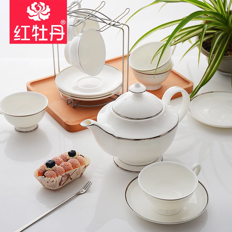 Red peony ipads porcelain cup suit household tray was European - style coffee set ceramic water with cold hot hot tea kettle