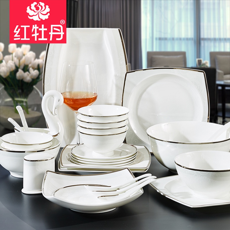 Tangshan red peony ipads porcelain tableware suit dishes household ceramics from Europe type rice bowls bowl plate combination of eating the food