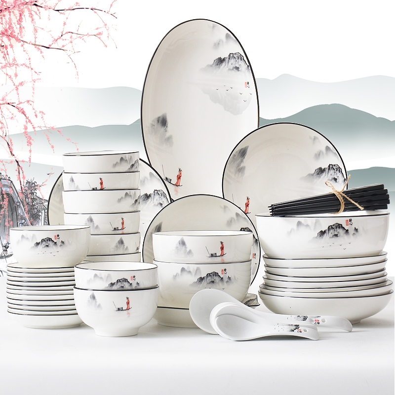 Red peony tableware suit ceramic dishes suit of new Chinese style household dishwasher 0 mix the soup bowl rainbow such use