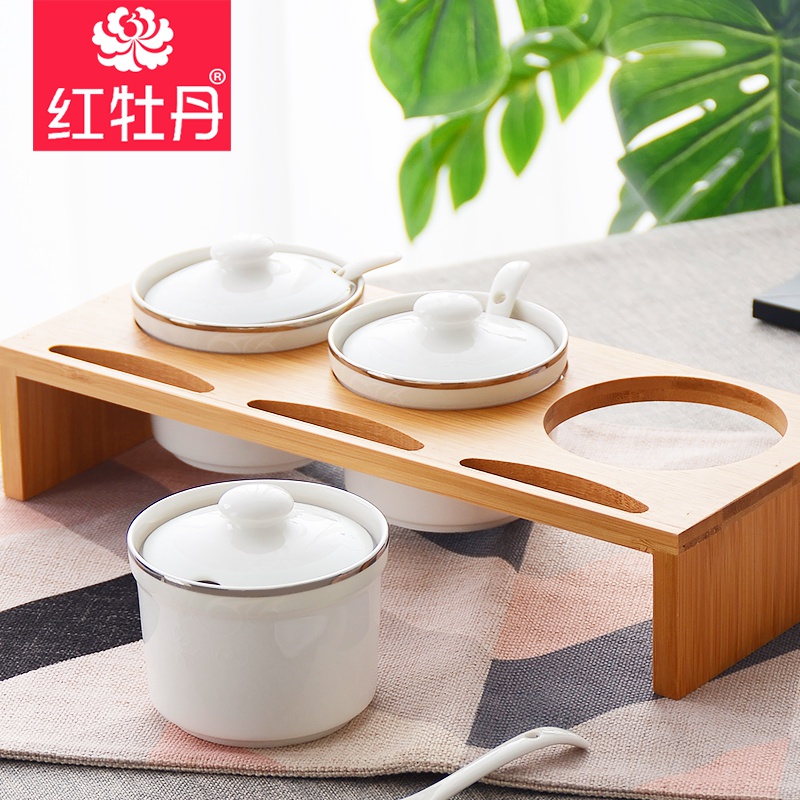 Tangshan red peony ipads China creative home kitchen seasoning sauce pot three - piece suit ceramic salt shaker jar