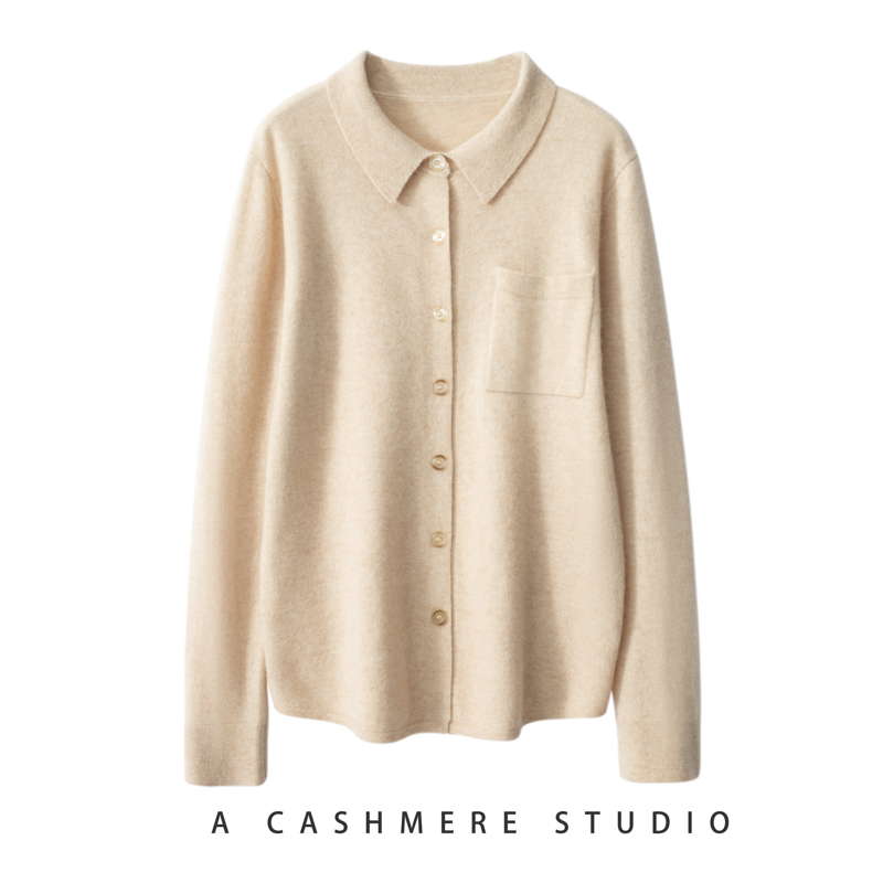 Autumn and Winter Thin Polo Collar Cashmere Cardigan for Women 100% Cashmere Loose Knitted Jacket Single-Wear Base Layer Sweater