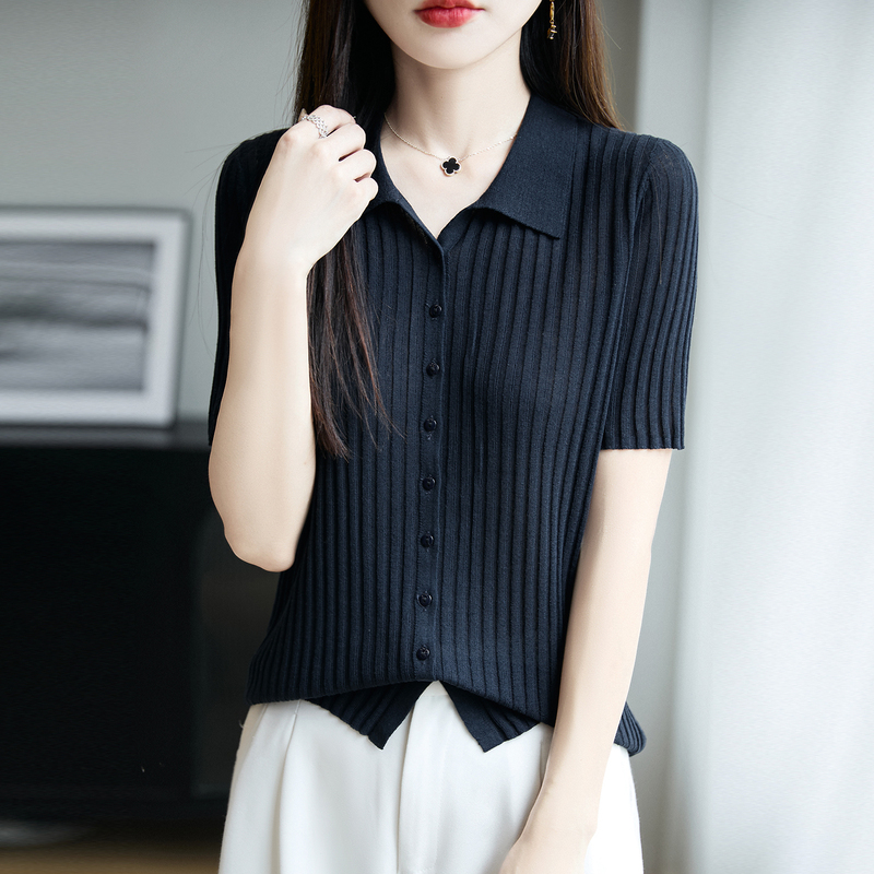 Summer Tencel Linen Knit Short-Sleeve Cardigan Women's Shirt Collar T-Shirt Loose Slimming Ribbed Turn-Down Collar Short Top