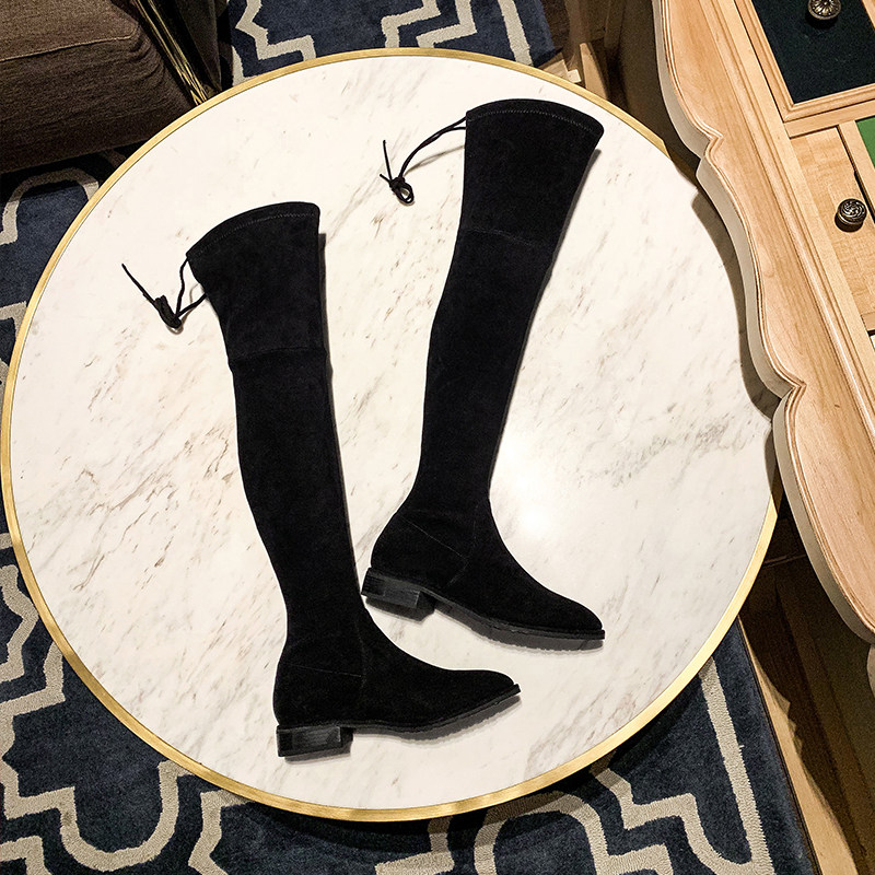 Spot uncle home] SW high barrel over-the-knee boots women's 2021 plus velvet straps chung heel boots stretch boots winter