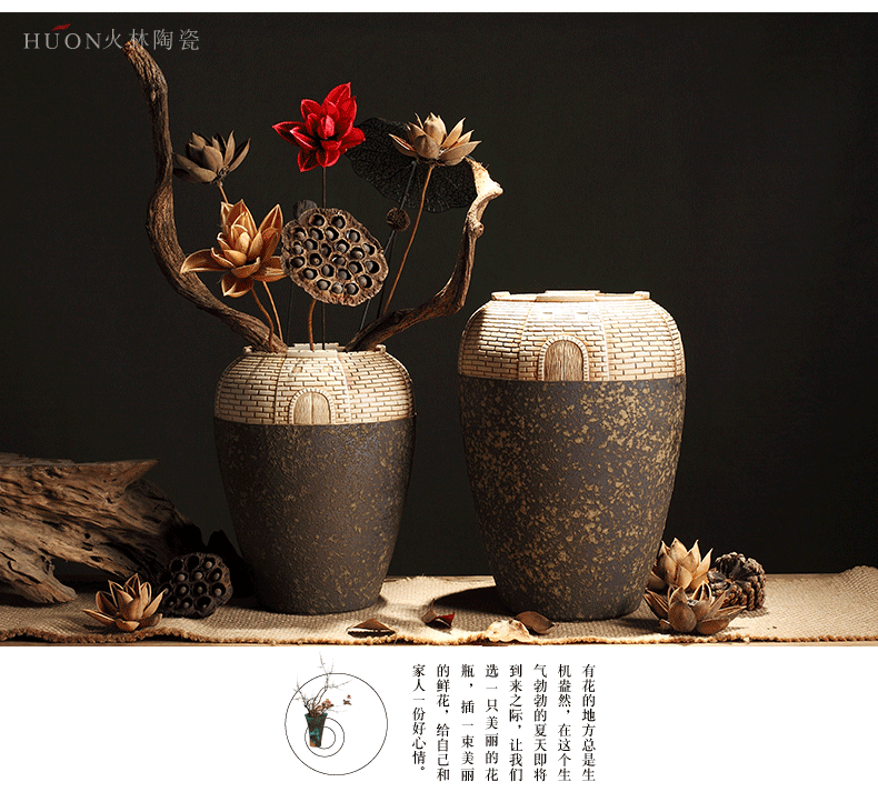 New Chinese style ceramic vase zen furnishing articles hand - carved retro coarse pottery table sitting room adornment flowers of a home stay facility