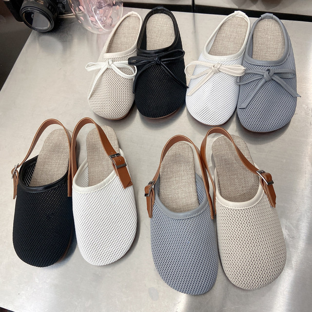 ເກີບແຕະ Linen ສໍາລັບຜູ້ຍິງ Summer Outerwear Baotou Hollow Breathable Mesh Flat Shoes Versatile Casual Soft Soled Straw Sandals