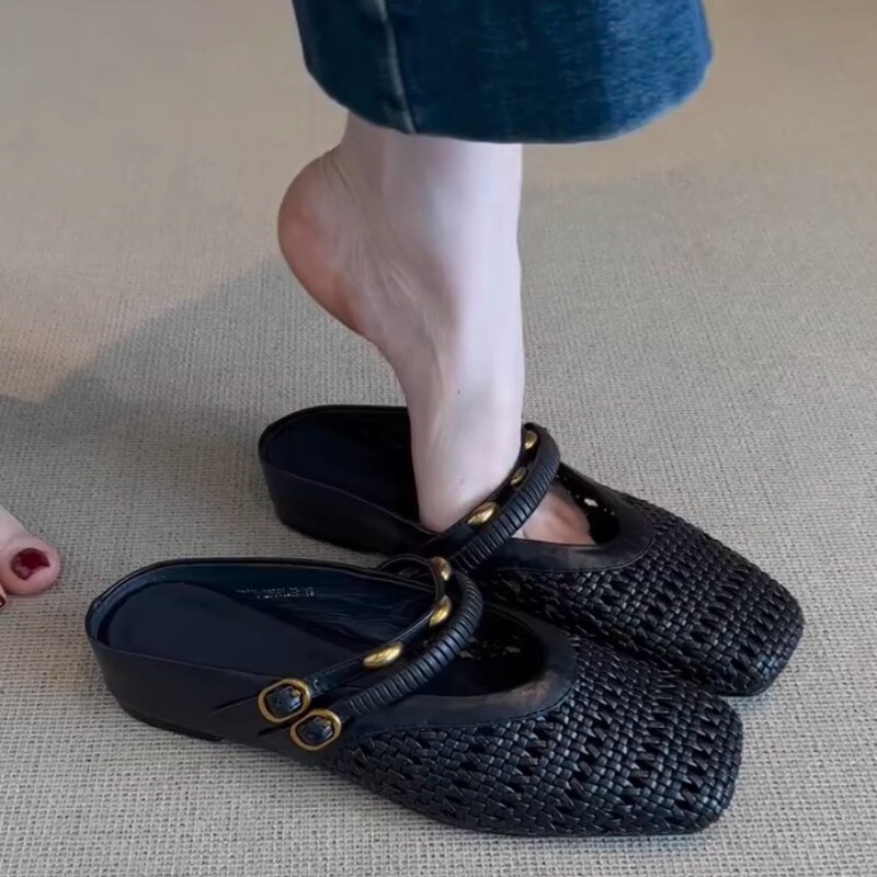 Sheepskin French Retro Closed-Toe Mules for Women, Stylish Woven Hollow-Out Mary Jane Sandals Sheepskin French Retro Closed-Toe Mules for Women, Stylish Woven Hollow-Out Mary Jane Sandals
