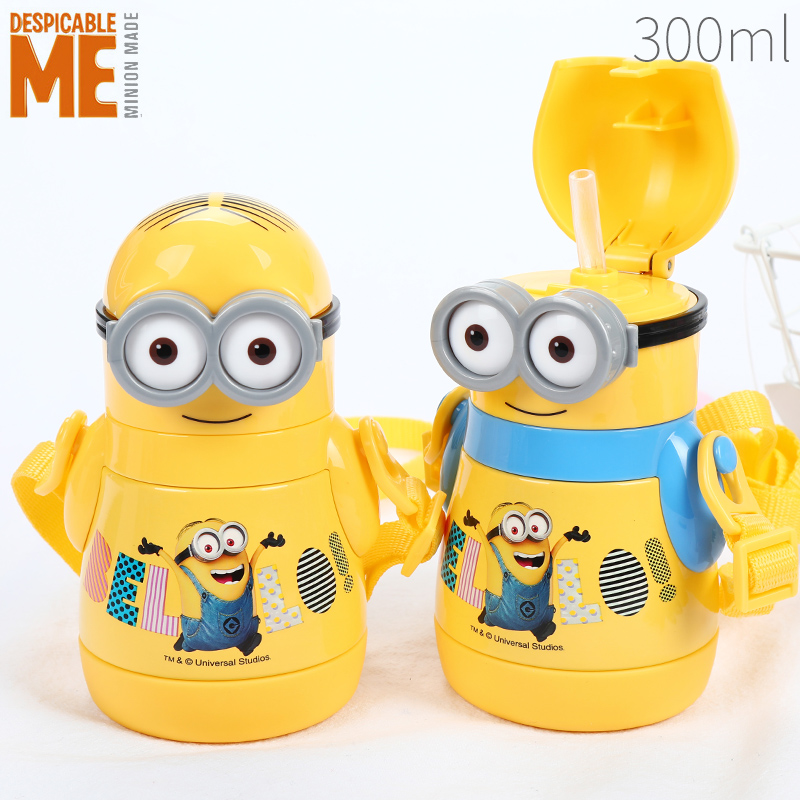 Small yellow people warm cup Children's water cup with straw cup Primary school kindergarten baby kettle drinking cup drop-proof