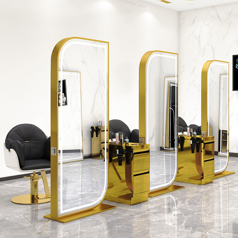 Double Sided Stainless Steel Barber Shop Full Body Mirror Hair Salon Special Thickened Beauty Hair Shop Floor Type Haircut Mirror Table With Lamp