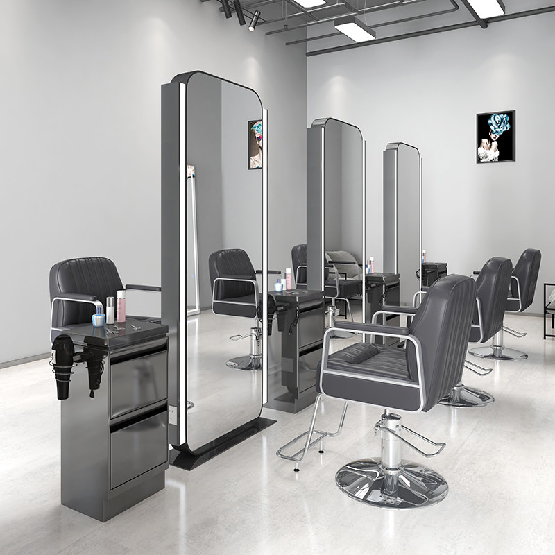 Double Sided Stainless Steel Mirror Bench Hairdressshop Mirror Hair Salon Private Network Red Ribbon Lamp Tide with floor dyeing and ironing area Beauty hair glasses