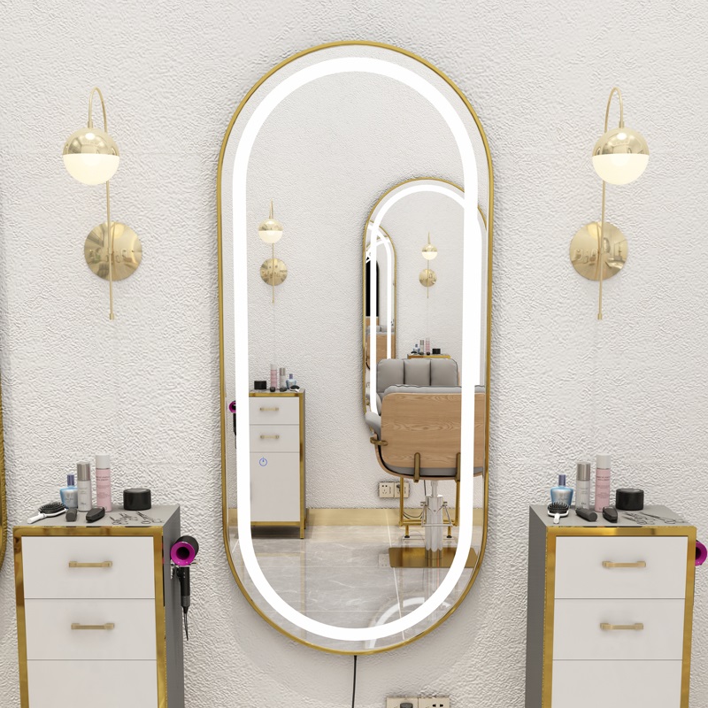 Hairdresser single-sided with lights hanging wall mirror oval net red barber shop mirror table high-grade wall-mounted hair salon hair mirror
