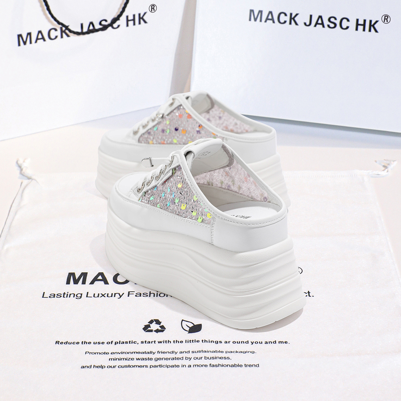 Hong Kong Hk Thick-Soled Height-Increasing 9cm Sequined White Shoes for Women, 2026 Summer New Versatile Closed-Toe Slippers for Petite Individuals
