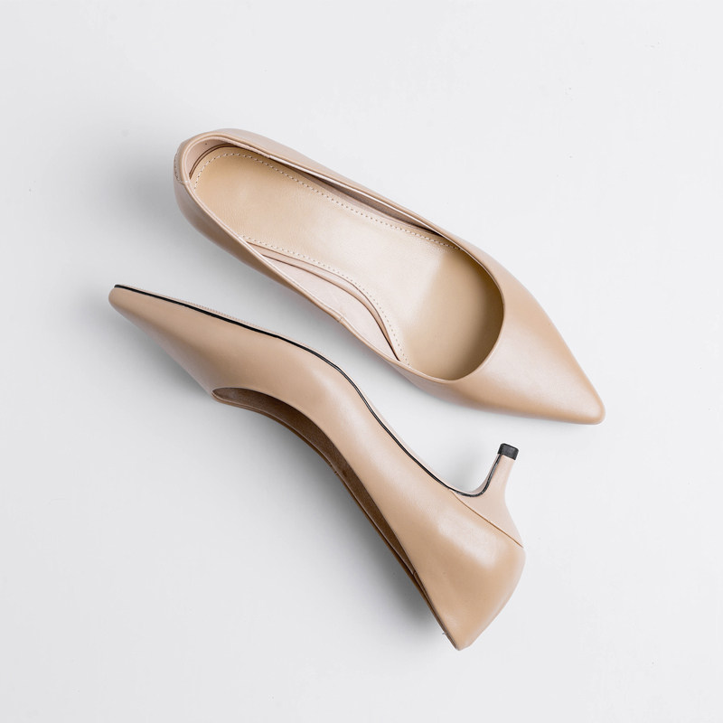 Single shoe woman 2019 Summer subsection fine heel 5cm High heel shoe genuine leather shallow mouth tip small heel working shoe black low heel