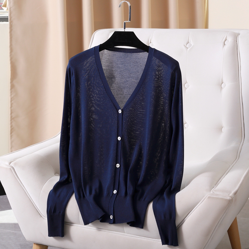 Sun-Protective Fashionable Knitted Cardigan for Women, Summer Outerwear, Lyocell Tencel V-Neck Thin Style, Elegant and Cool Jacket for Women, Trendy