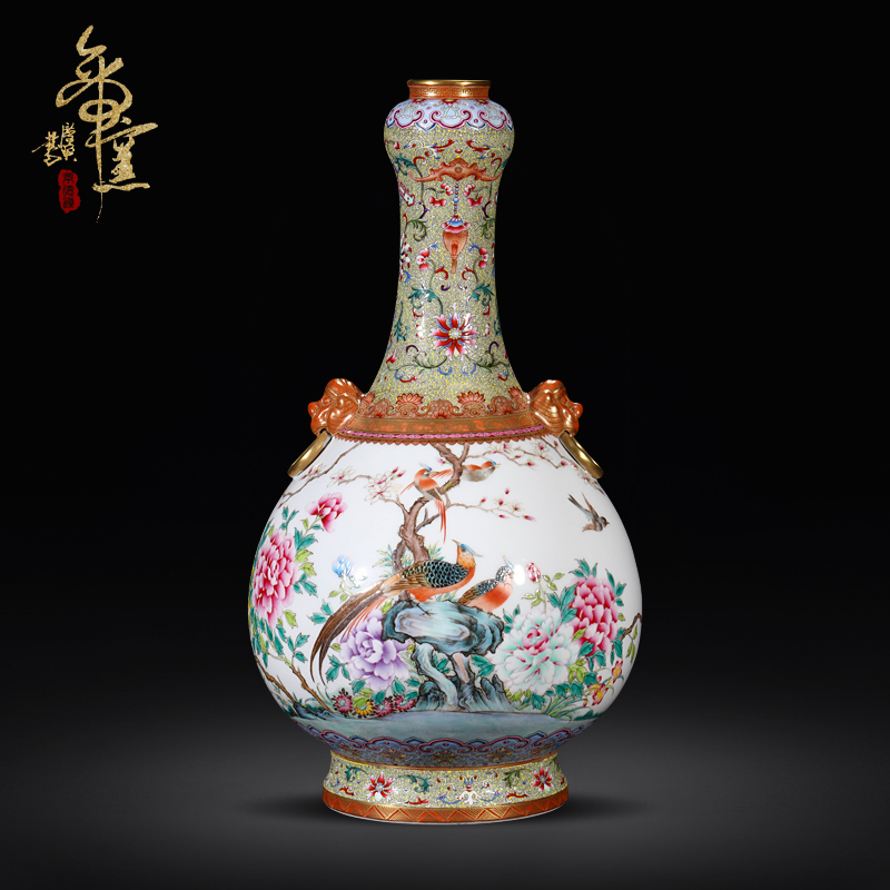 Imitation the qing qianlong emperor up jingdezhen ceramics powder enamel lion ear vase furnishing articles Chinese flower arranging machine sitting room