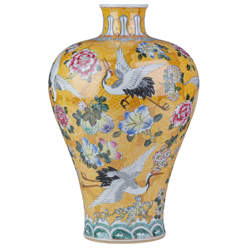 Jingdezhen ceramic hand made yellow to pick flowers cranes vase Chinese style living room TV cabinet porch decoration as furnishing articles