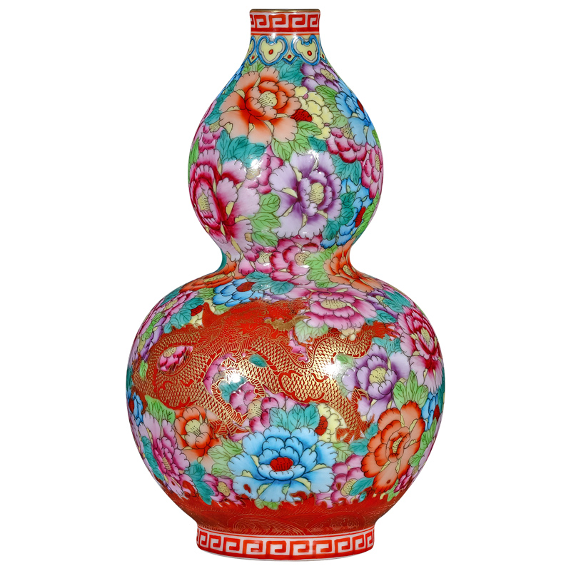 Jingdezhen ceramics antique hand - made paint dragon wear purple flower bottle gourd Chinese style living room porch TV ark, furnishing articles