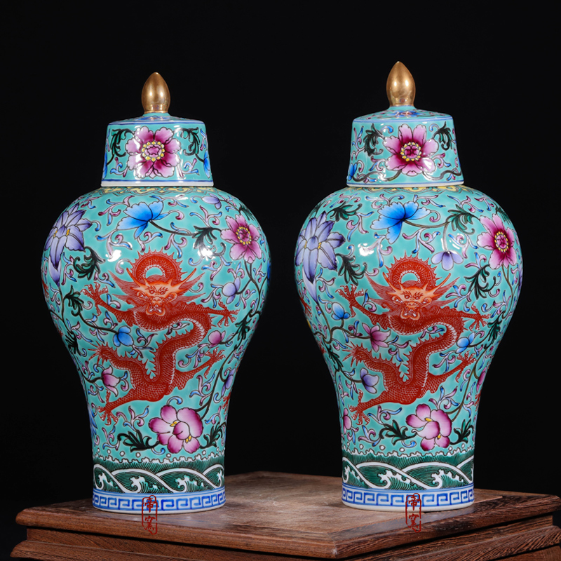 Jingdezhen porcelain vases, antique hand - made enamel pastel color green dragon cover half the name plum bottle vase furnishing articles