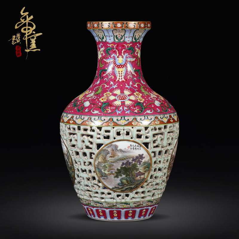 Imitation the qing qianlong emperor up jingdezhen ceramics colored enamel paint hollow - out medallion landscape pattern bottles of the sitting room is placed