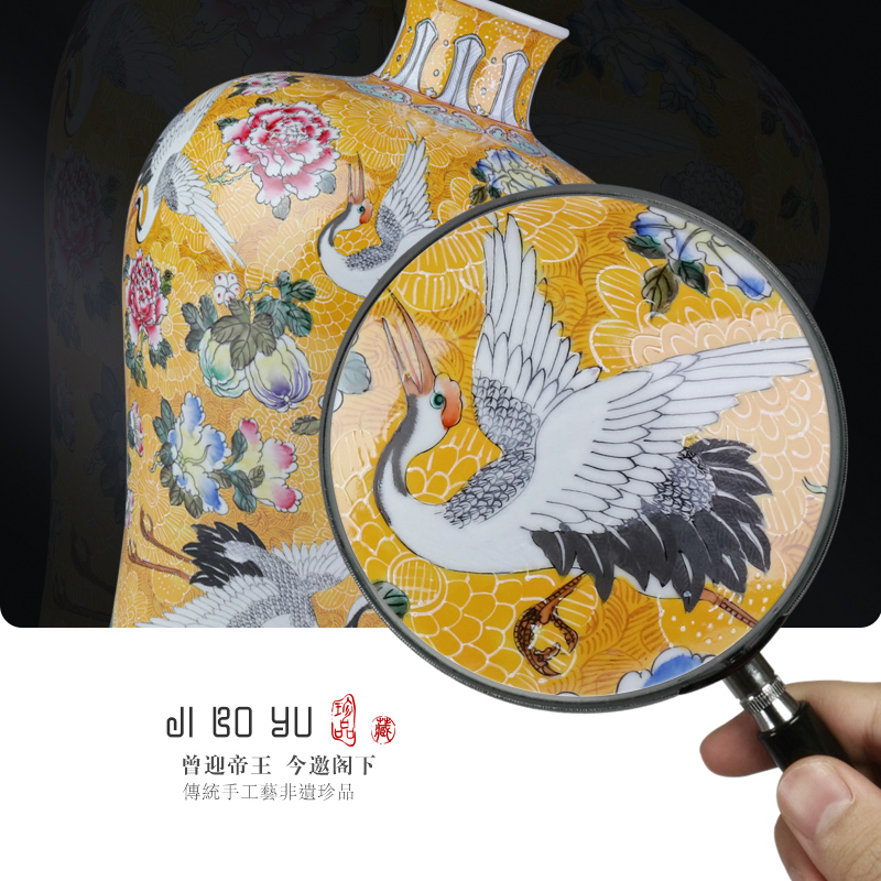 Jingdezhen ceramic hand made yellow to pick flowers cranes vase Chinese style living room TV cabinet porch decoration as furnishing articles