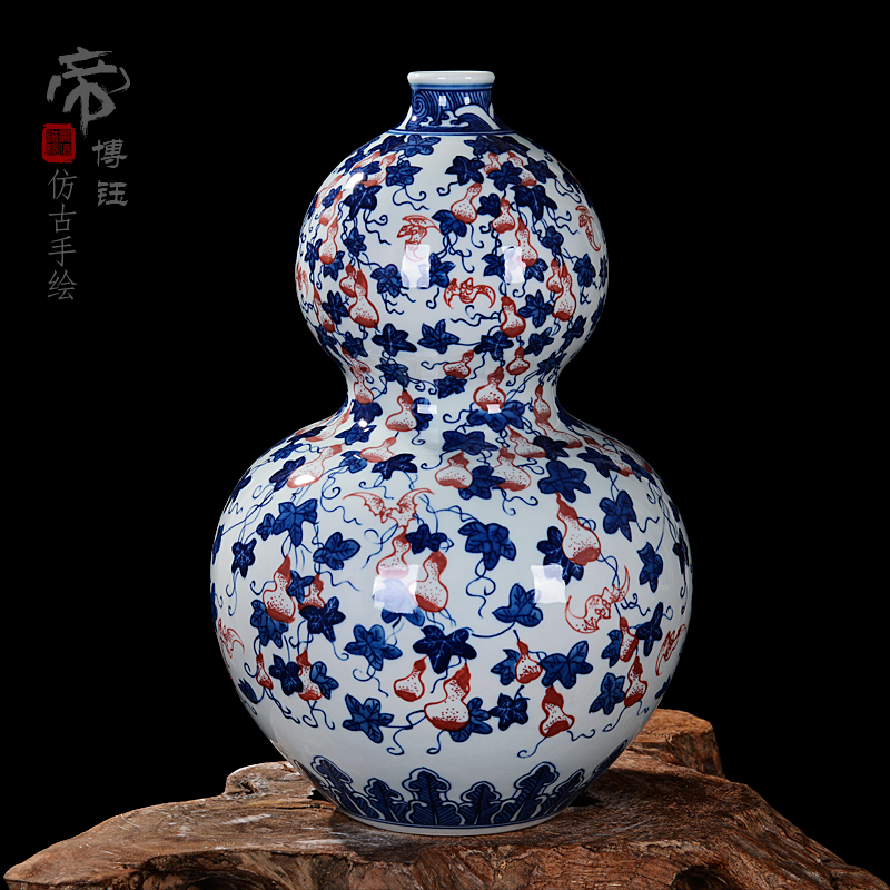 Jingdezhen ceramics gift hand - made antique blue - and - white buford gourd crafts household sitting room adornment