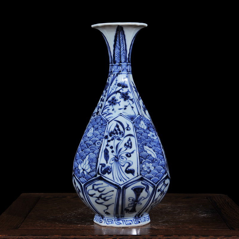 Jingdezhen ceramics imitation eight edges and the water of the sea a bunch of yuan and Ming blue and white lotus okho spring household act the role ofing is tasted furnishing articles sitting room