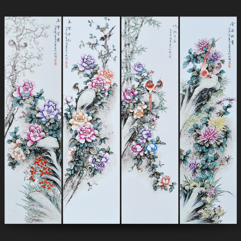 Jingdezhen ceramics Feng Huiying hand - made painting of flowers and four screen sitting room adornment porcelain plate painting murals household furnishing articles