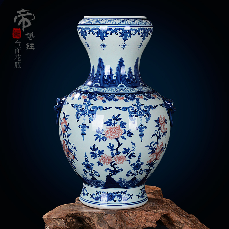 Jingdezhen ceramic vase manual archaize ears of blue and white porcelain vase peach decoration crafts home furnishing articles