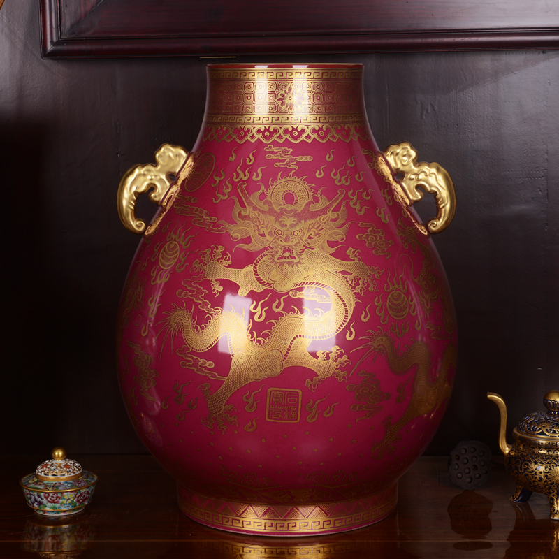 Jingdezhen ceramics vase imitation the qing qianlong coral red paint dragon f tube handicraft collection furnishing articles