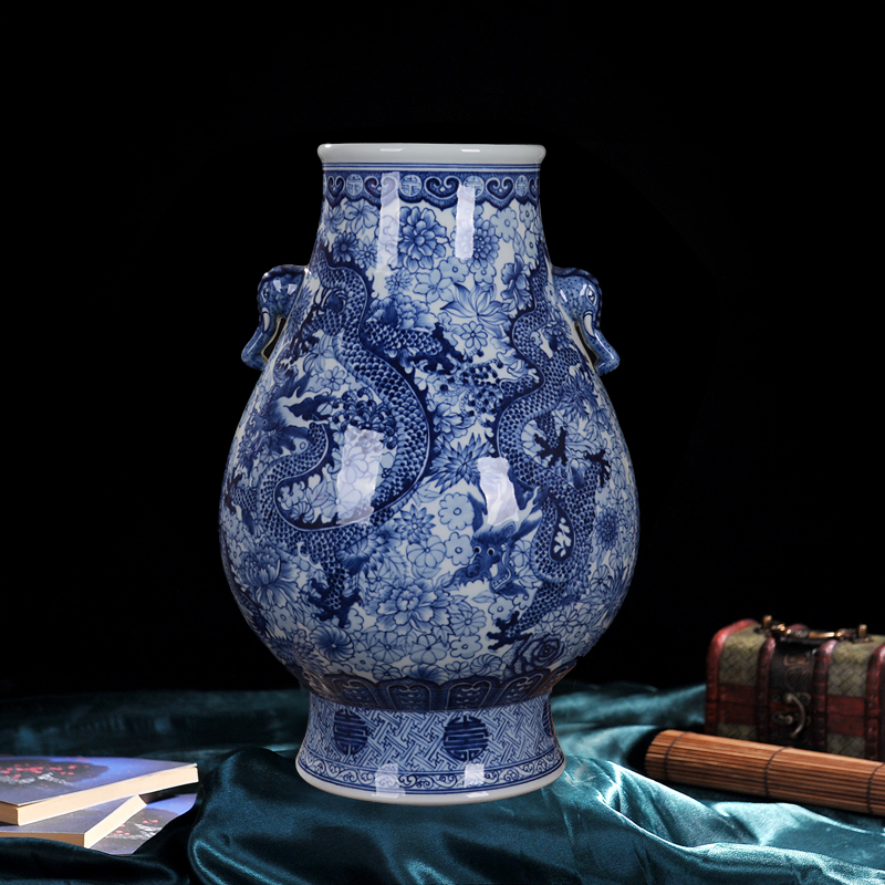 Jingdezhen ceramic vase high - end antique blue - and - white qianlong five three home decoration craft flower furnishing articles