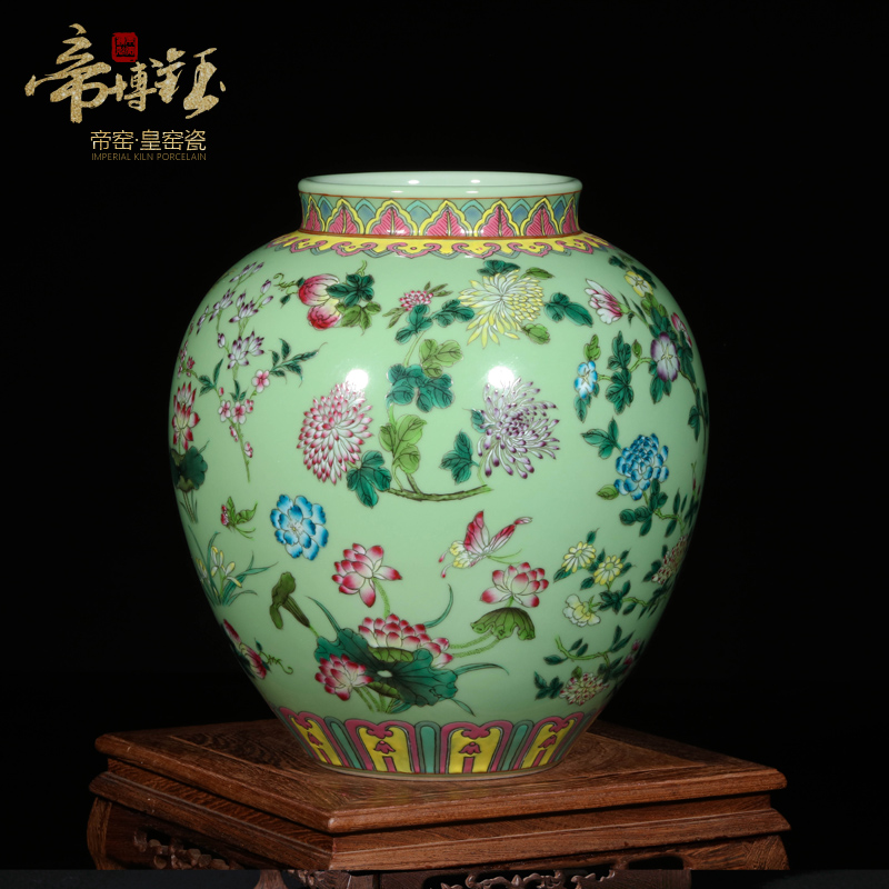Jingdezhen ceramic vase furnishing articles antique hand - made pastel pea green glaze painting of flowers and small round the altar high - grade handicraft sitting room