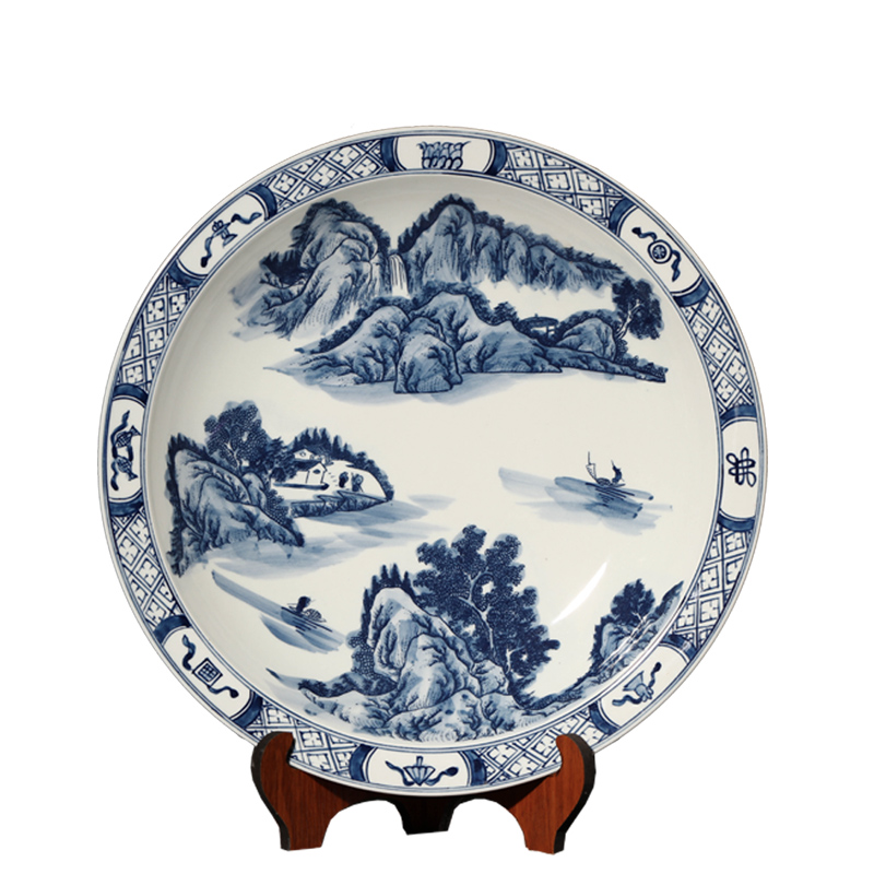 Jingdezhen ceramic decoration plate by blue and white landscape hang dish plate antique hand - made decorative household crafts are sitting room