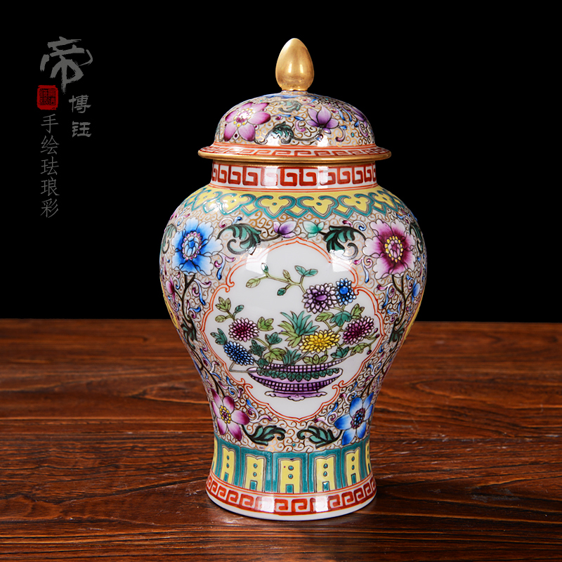 Jingdezhen ceramic vases, flower implement furnishing articles of high - grade checking antique general colored enamel pot cover home decoration