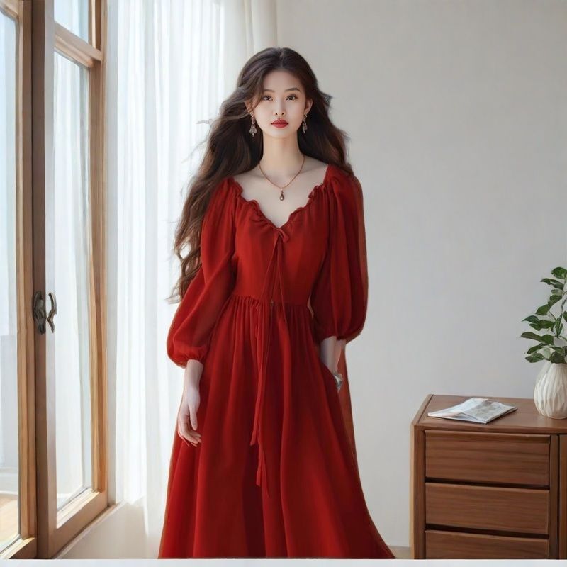 Plus-Size Red V-Neck Dress for Women, Suitable for Beach Vacations, Slimming, Artistic, Retro, Tea-Style Fairy Long Dress 100kg Plus-Size Red V-Neck Dress for Women, Suitable for Beach Vacations, Slimming, Artistic, Retro, Tea-Style Fairy Long Dress 100kg