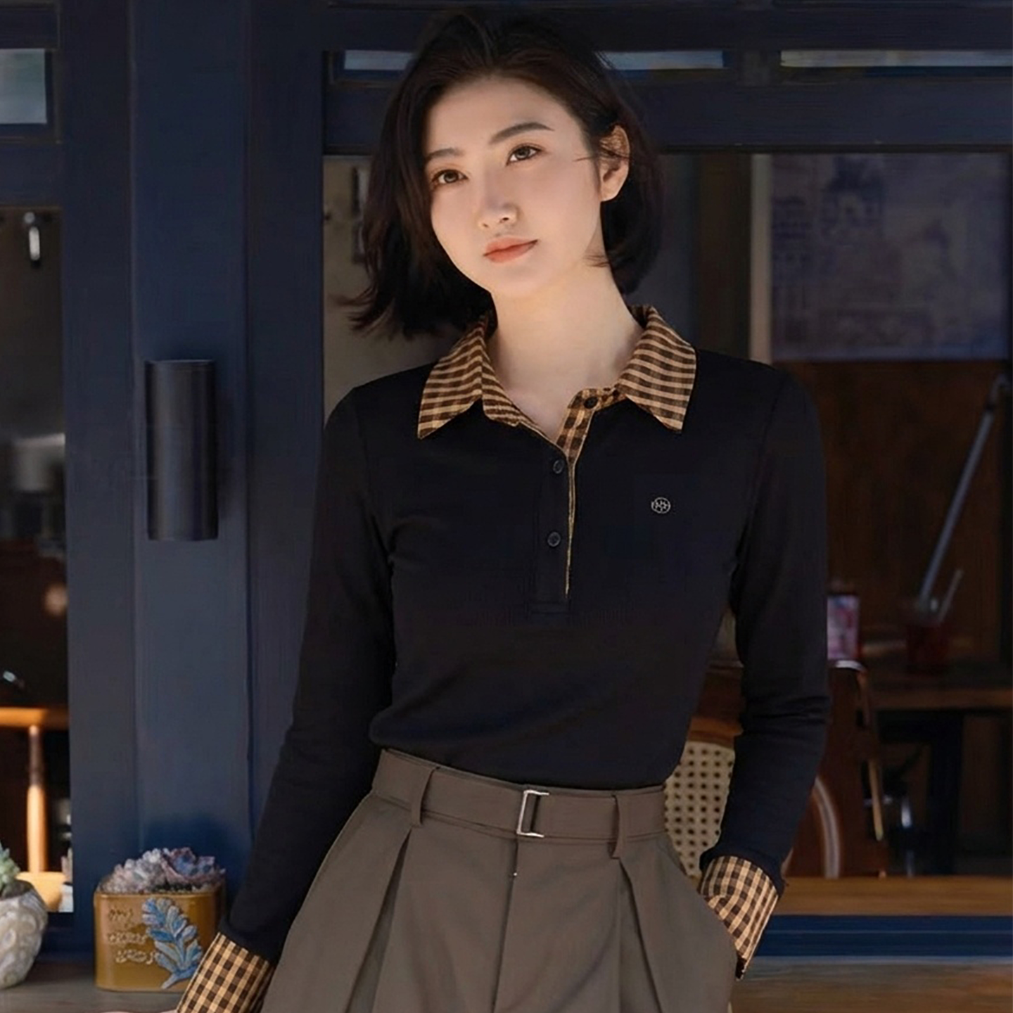 景甜同款设计感格纹polo领T恤女2026春款假两件修身打底长袖上衣